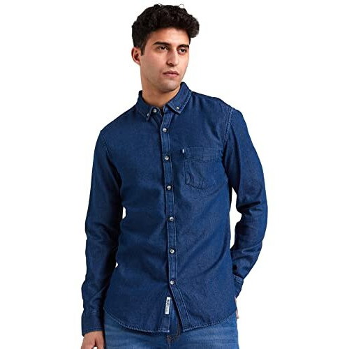 Amazon Brand - Inkast Denim Co. Men's Solid Slim Fit Full Sleeve Cotton Casual Shirt (In-S-06B_Medium Blue_Medium)