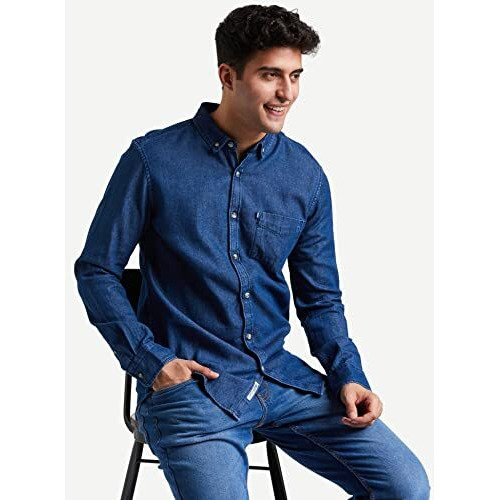 Amazon Brand - Inkast Denim Co. Men's Solid Slim Fit Full Sleeve Cotton Casual Shirt (In-S-06B_Medium Blue_Medium)