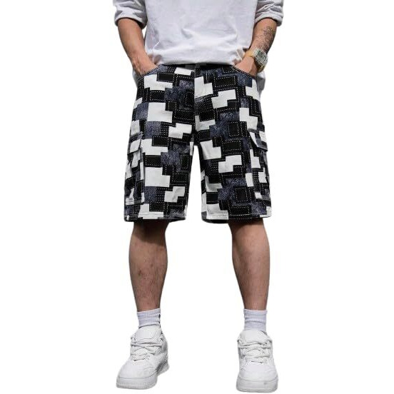 Gentstone Man's Cotton Printed 6 Pocket Black & White Knee Length Elastic Closure Fancy Regular Comfort Fit Ultra Soft Shorts For Everyday Traveling Tracking Wear (Gs 15 Robin Short-Xl)