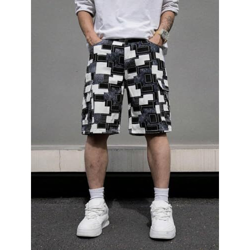 Gentstone Man's Cotton Printed 6 Pocket Black & White Knee Length Elastic Closure Fancy Regular Comfort Fit Ultra Soft Shorts For Everyday Traveling Tracking Wear (Gs 15 Robin Short-Xl)