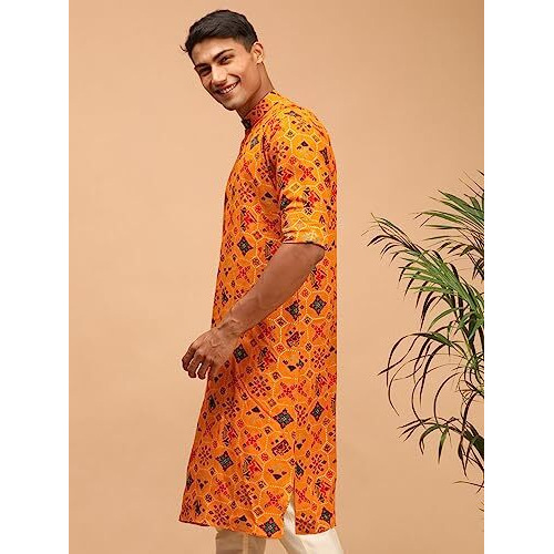 Vastramay Men's Yellow Cotton Blend Kurta | Longline Pathani Style Rayon Printed | Kurta For Festivals - Stylish, Comfortable - Perfect For Celebrations And Cultural Events, Navratri & Diwali