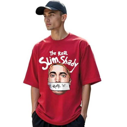 Bewakoof Men's Real Slim Shady Graphic Print Cotton T-Shirt- Oversized Fit, Round Neck, Half Sleeves 584921_Red_M