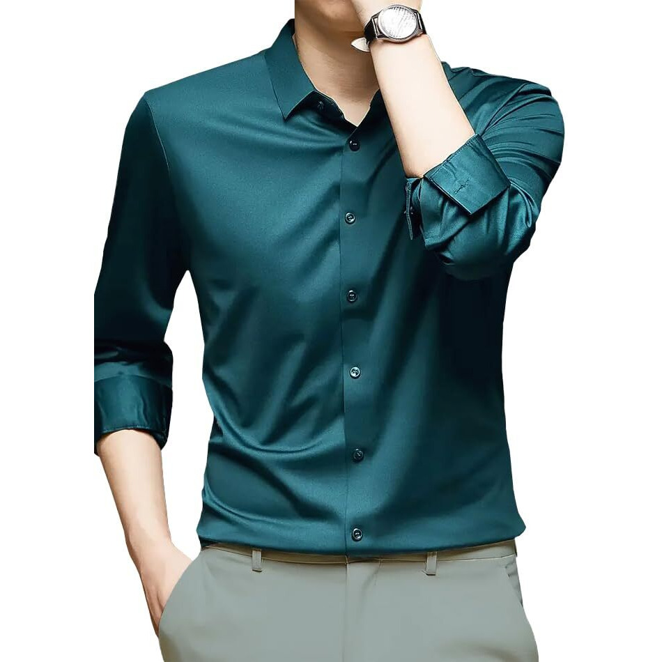 Cb-Colebrook Men's Silk Satin Dress Shirts For Men Long Sleeve Button Down Shirts Party Prom Wedding Shirt Top (In, Alpha, L, Regular, Teal)