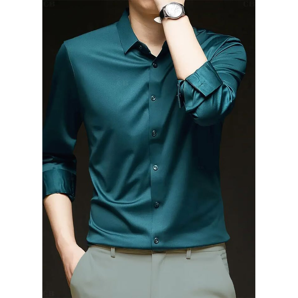 Cb-Colebrook Men's Silk Satin Dress Shirts For Men Long Sleeve Button Down Shirts Party Prom Wedding Shirt Top (In, Alpha, L, Regular, Teal)