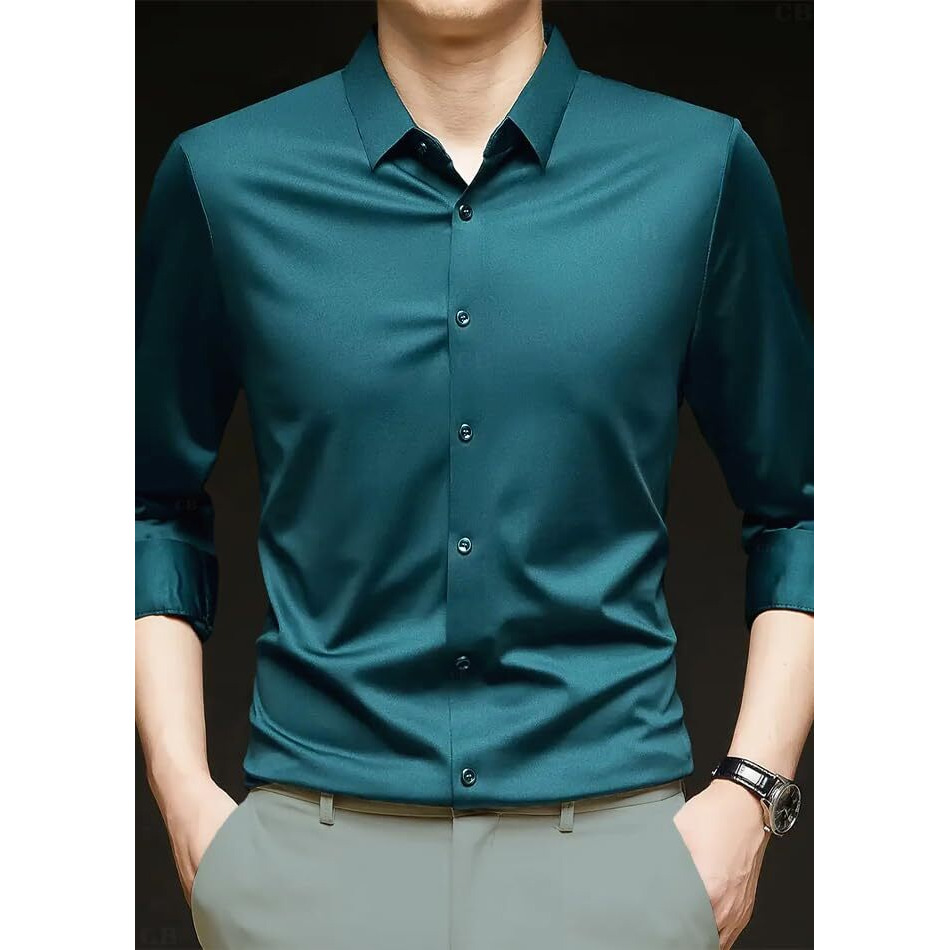 Cb-Colebrook Men's Silk Satin Dress Shirts For Men Long Sleeve Button Down Shirts Party Prom Wedding Shirt Top (In, Alpha, L, Regular, Teal)