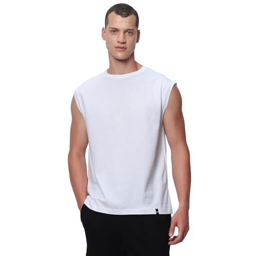 Bewakoof Men's Solid Oversized Fit Sleeveless Round Neck Cotton Vest_500148_White_L