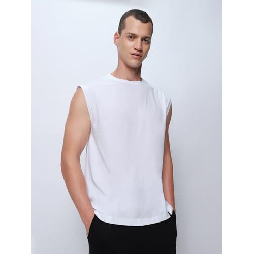 Bewakoof Men's Solid Oversized Fit Sleeveless Round Neck Cotton Vest_500148_White_L