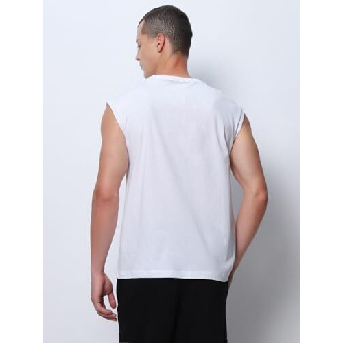 Bewakoof Men's Solid Oversized Fit Sleeveless Round Neck Cotton Vest_500148_White_L