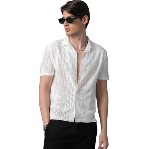 Voroxy Men Regular Fit Self-Design Cuban Collar Casual Shirt (Hs_36001_White_L_White_Large)