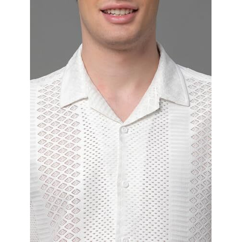 Voroxy Men Regular Fit Self-Design Cuban Collar Casual Shirt (Hs_36001_White_L_White_Large)
