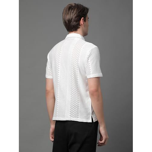 Voroxy Men Regular Fit Self-Design Cuban Collar Casual Shirt (Hs_36001_White_L_White_Large)