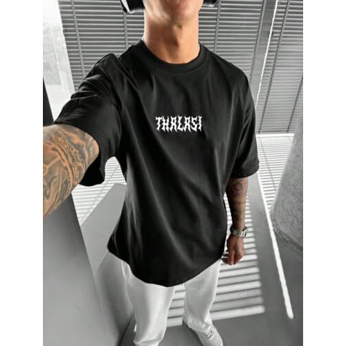 Thalasi Men Cotton Printed Aesthetic Oversized Tshirt For Men - Black T Shirt For Men Stylish | Half Sleeve Oversize Fit Round Neck Tshirts - Down Shoulder & Baggy Fit Korean Tshirts For Man & Boys