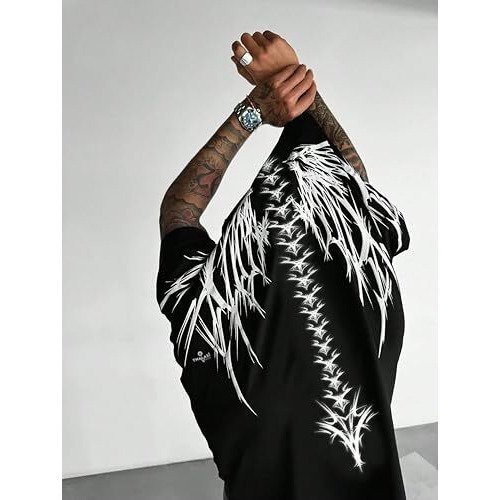 Thalasi Men Cotton Printed Aesthetic Oversized Tshirt For Men - Black T Shirt For Men Stylish | Half Sleeve Oversize Fit Round Neck Tshirts - Down Shoulder & Baggy Fit Korean Tshirts For Man & Boys
