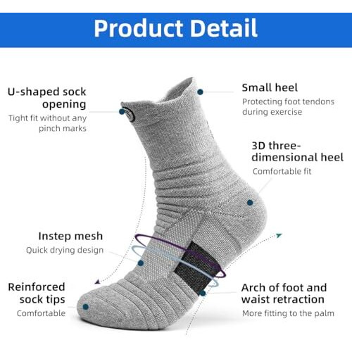 Proberos Professional Sport Socks Basketball Socks Over The Anklet Socks Crew Socks Breathable Athletic Sports Socks Anti-Slip Sole Design For Men, One Size (Black, White, Grey)