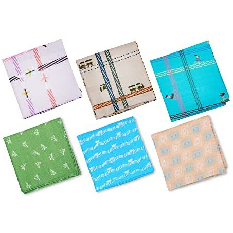 Hexafun Men's 100% Organic Premium Pastel Coloured Pure Cotton Handkerchiefs Printed Stylish Large Size (Pack Of 6) (Office + Rewind)