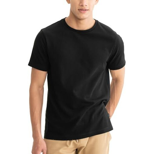 Damensch Men Poly-Cotton Popcorn Textured Crew Casual T-Shirt-Pack Of 1-Large Jet Black