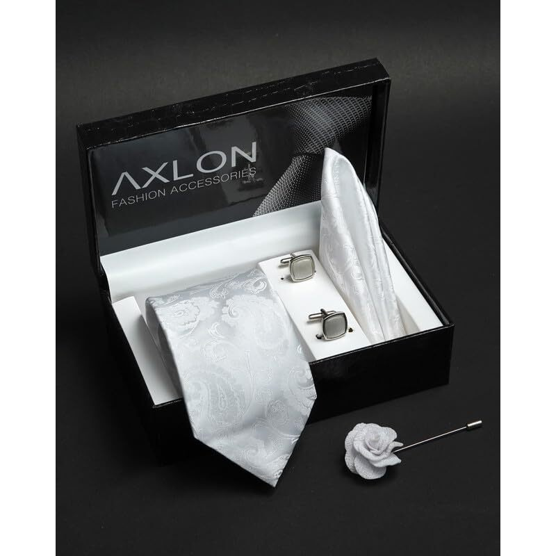 Axlon White Pasiley Tie For Men  Formal Ties Set With Pocket Square & Tie Pin Clip For Mens, Silk Neckties Gift Sets For MenS (Ax24_50)