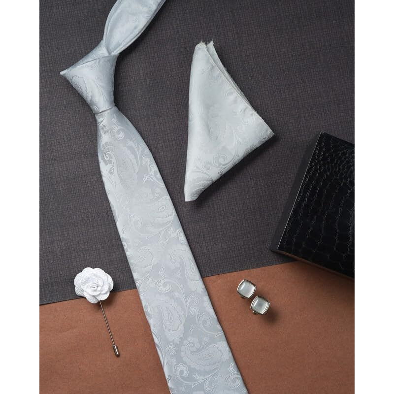 Axlon White Pasiley Tie For Men  Formal Ties Set With Pocket Square & Tie Pin Clip For Mens, Silk Neckties Gift Sets For MenS (Ax24_50)