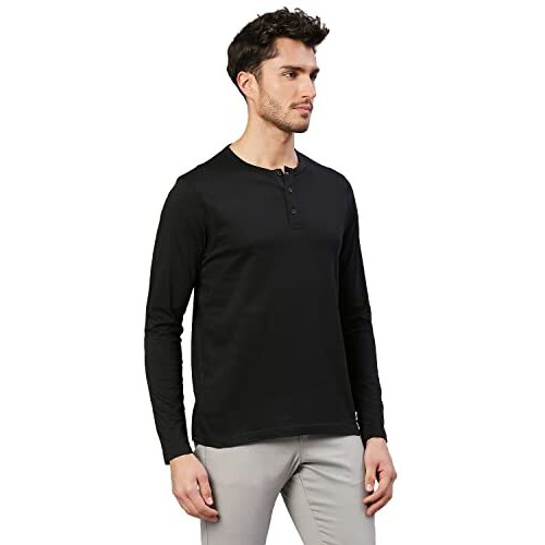 Dennis Lingo Men's Regular Fit Pure Cotton Solid Full Sleeves Henley T-Shirt (Black, M)