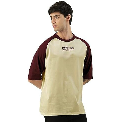 Maniac Mens Printed Round Neck Raglan Half Sleeve Beige & Burgundy Cotton Oversized Tshirt