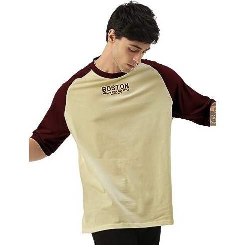Maniac Mens Printed Round Neck Raglan Half Sleeve Beige & Burgundy Cotton Oversized Tshirt