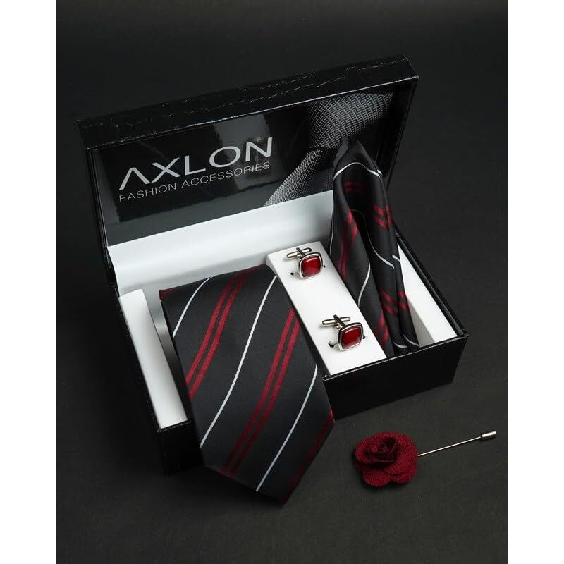 Axlon Black Red Stripped Tie For Men  Formal Ties Set With Pocket Square & Tie Pin Clip For Mens, Silk Neckties Gift Sets For MenS (Ax24_5)