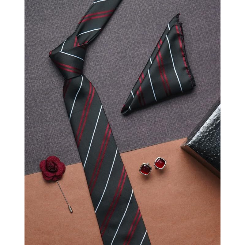 Axlon Black Red Stripped Tie For Men  Formal Ties Set With Pocket Square & Tie Pin Clip For Mens, Silk Neckties Gift Sets For MenS (Ax24_5)