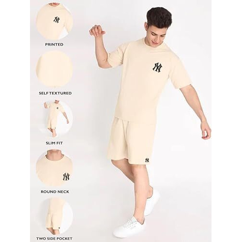 Fifth U Men's Co Ord Set || Pure Cotton Lycra Printed Night Dress For Men || Sleepwear Pajama Set For Men || Casual Home Wear Set || Shorts Pajamas Set || Night Suit For Adults (Cream, Xl)