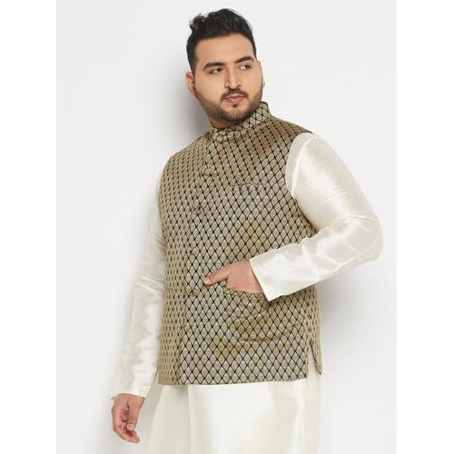 Vastramay Plus Men's Black And Gold Silk Blend Nehru Jacket_Vplusmjbl005_54