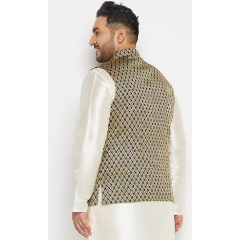 Vastramay Plus Men's Black And Gold Silk Blend Nehru Jacket_Vplusmjbl005_54