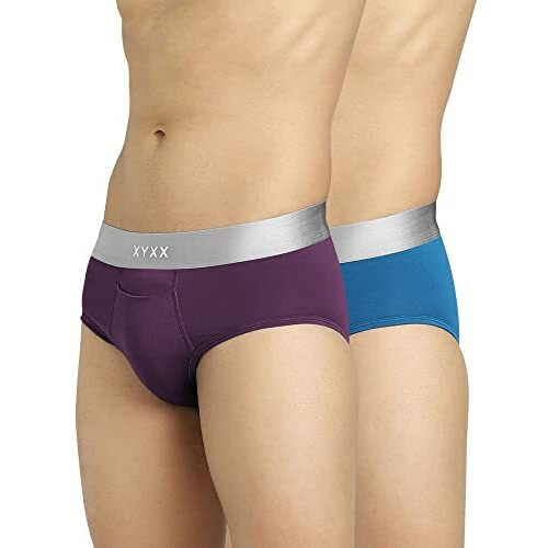 Xyxx Men Micro Modal Brief, Relaxed Fit, Colorblock, Pack Of 2, Xybrf2Pckn597M, Wine + Seaport, M