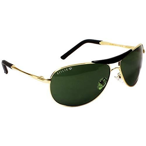 Aislin Toughened Glass Aviator/Wrap-Around Sunglasses For Men - (Dark Green G-15 Lens | Golden Metallic Frame | Large Size | Rb3455)