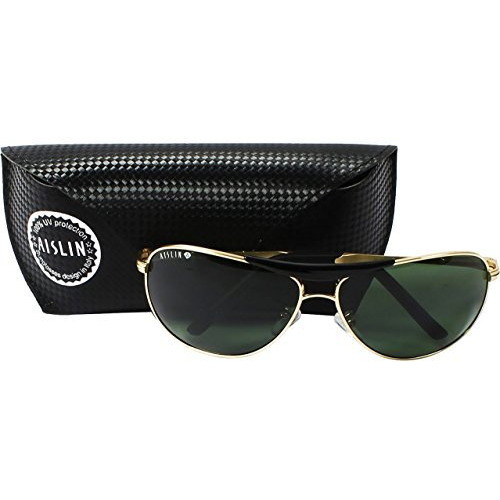 Aislin Toughened Glass Aviator/Wrap-Around Sunglasses For Men - (Dark Green G-15 Lens | Golden Metallic Frame | Large Size | Rb3455)