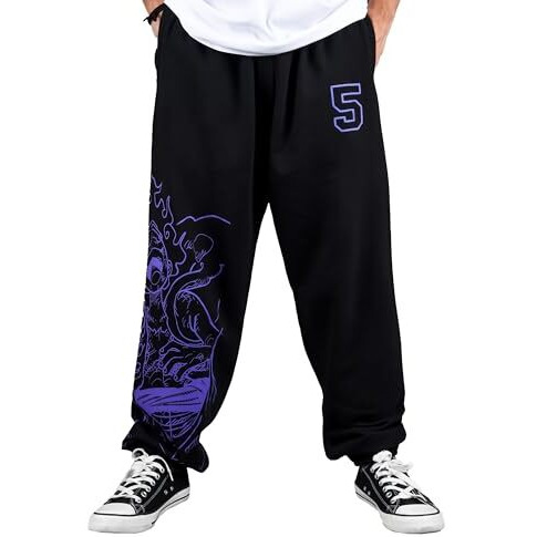 Comicsense.Xyz Unisex One Piece Anime Mid Rise Joggers For Men And Women, Gear Five Printed Anime Baggy Fit Pants - Large Black