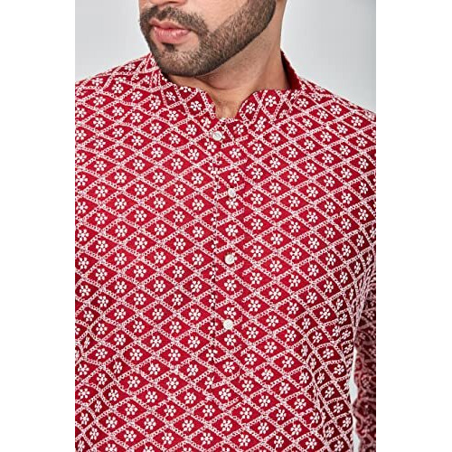 Be Active Cotton Men's Embroidered Lucknowi Red Kurta Set || Men Kurta Pajama || Men Kurta Pajama Set || Kurta Pajama For Men (Rfsk0013 10 Set L)