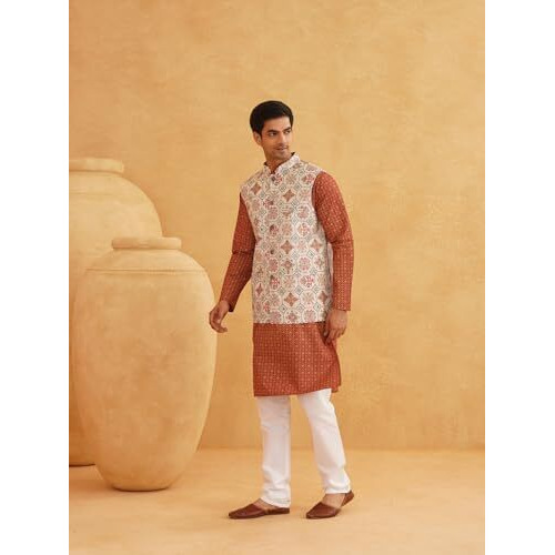 Sojanya (Since 1958 Men's Cotton Linen Maroon Kurta And White Pyjama With Cream Cotton Nehru Jacket
