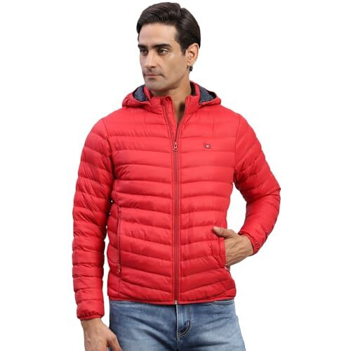 Monte Carlo Mens Solid Red Hooded Full Sleeve Jacket (224261792-1-42)