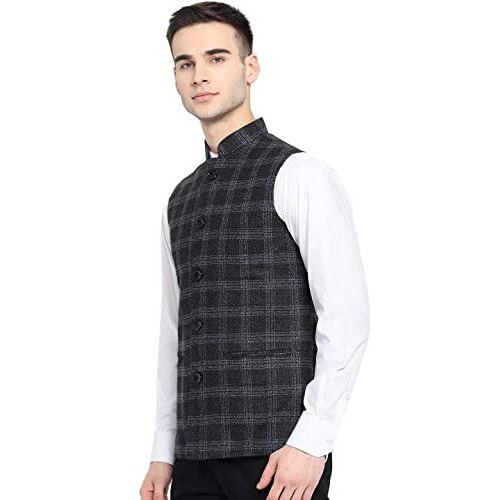 Vastraa Fusion Mens Pure Wool Export-Quality Indian Traditional Nehru Jacket (Vs4401-38_Black-Check_38 - Medium)