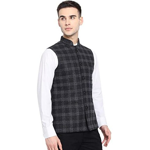 Vastraa Fusion Mens Pure Wool Export-Quality Indian Traditional Nehru Jacket (Vs4401-38_Black-Check_38 - Medium)