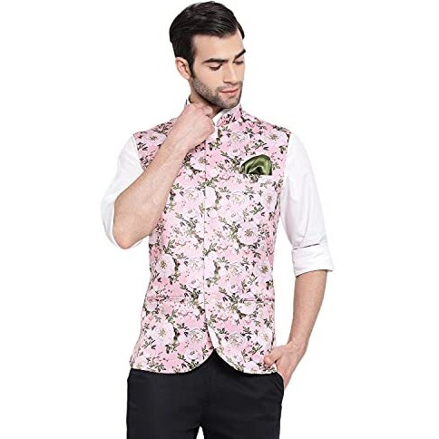 Vastramay Mens Silk Blend Pink Nehru Jacket - Timeless Style & Versatility | Digital Floral Printed Ethnic Sleeveless Coat For Formal & Casual Wear_Vasmj055Pn_42