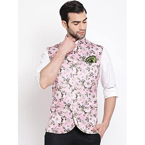 Vastramay Mens Silk Blend Pink Nehru Jacket - Timeless Style & Versatility | Digital Floral Printed Ethnic Sleeveless Coat For Formal & Casual Wear_Vasmj055Pn_42