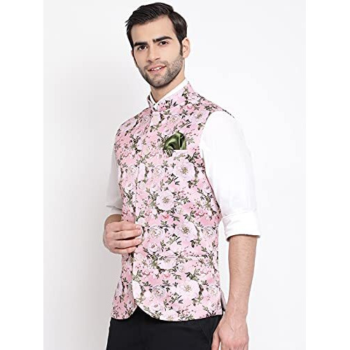 Vastramay Mens Silk Blend Pink Nehru Jacket - Timeless Style & Versatility | Digital Floral Printed Ethnic Sleeveless Coat For Formal & Casual Wear_Vasmj055Pn_42