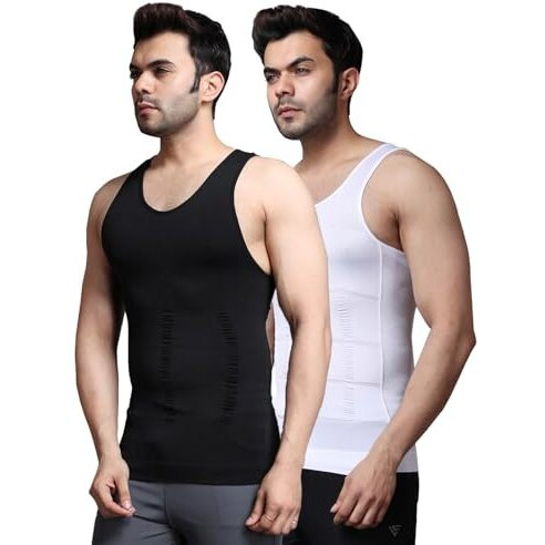 Ff Slim Fit Tummy Tucker Vest For Men Gynecomastia Compression Shirts Belly Slimmer For Men Shapewear Stretchable Undershirt Vest  Pack Of 2  Black & White - Medium