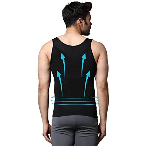 Ff Slim Fit Tummy Tucker Vest For Men Gynecomastia Compression Shirts Belly Slimmer For Men Shapewear Stretchable Undershirt Vest  Pack Of 2  Black & White - Medium