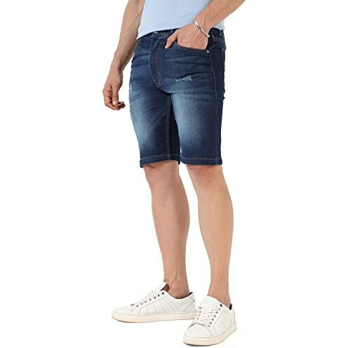 Campus Sutra Men's Classic Dark Blue Dark-Washed Distressed Patterned Denim Shorts | Regular Fit | Premium Stretchable Cotton Mid-Rise Crafted With Comfort Fit And High Performance For Everyday Wear