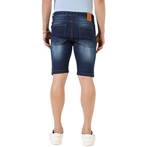 Campus Sutra Men's Classic Dark Blue Dark-Washed Distressed Patterned Denim Shorts | Regular Fit | Premium Stretchable Cotton Mid-Rise Crafted With Comfort Fit And High Performance For Everyday Wear