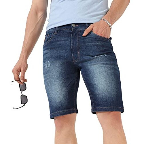 Campus Sutra Men's Classic Dark Blue Dark-Washed Distressed Patterned Denim Shorts | Regular Fit | Premium Stretchable Cotton Mid-Rise Crafted With Comfort Fit And High Performance For Everyday Wear