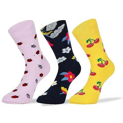 Rc. Royal Class Women Mid Calf Soft Pure Cotton Fruit Flower Calf Length Socks, Pack Of 3 Pairs, Multicolored, Free Size