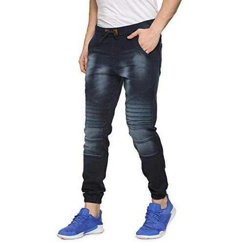 Campus Sutra MenS Classic Blue Dark-Washed Regular Fit Denim Jeans With Drawstring Premium Stretchable Cotton Mid-Rise Crafted With Comfort Fit And High Performance For Everyday Wear