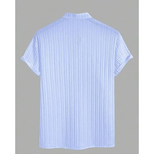 Greciilooks Poly Cotton Solid For Casual Stylish Textured Regular Fit | Men Ribbed Half Sleeve Shirt (Gl-Ms-6250_Blue, Large
